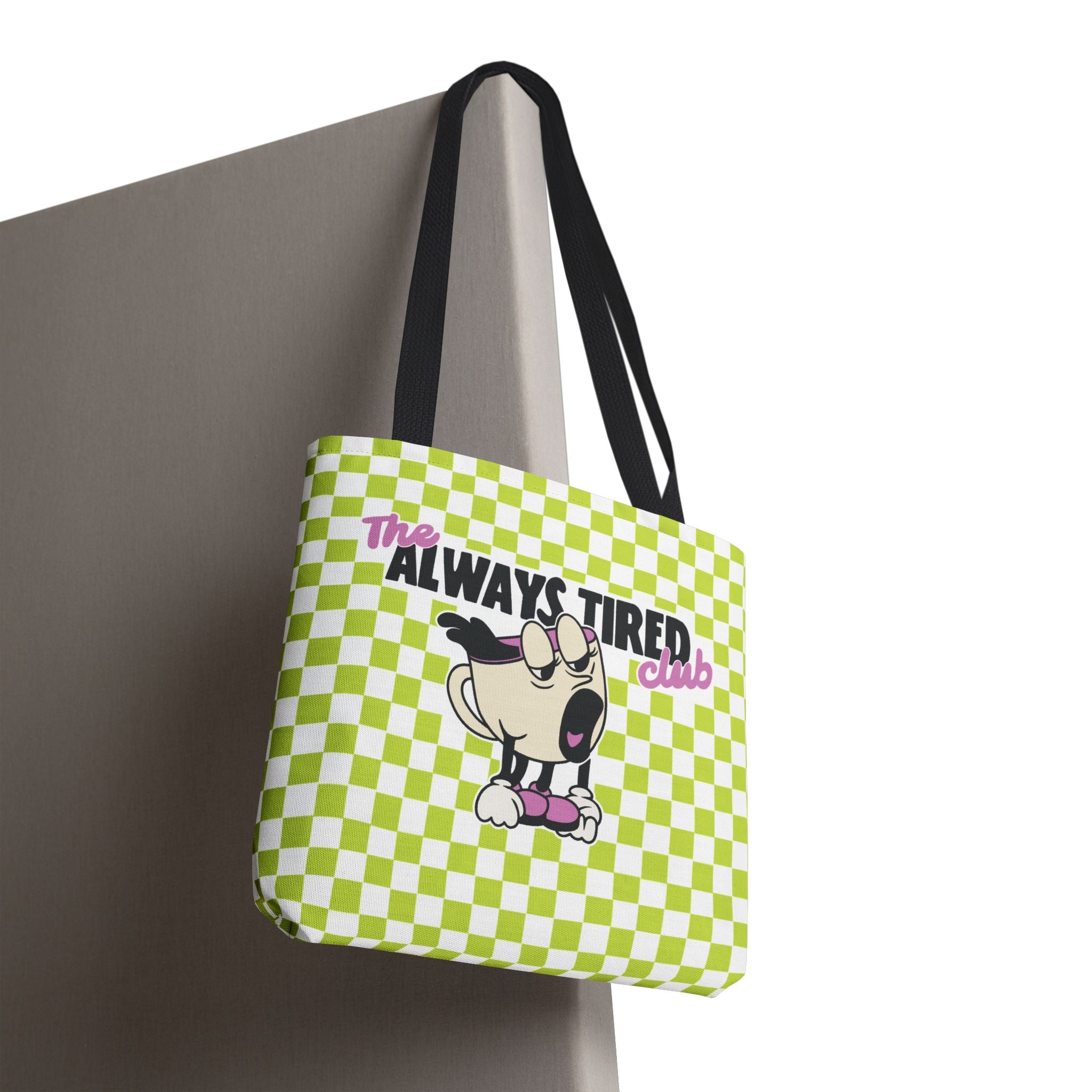 The Always Tired Club Tote Bag — Cute Retro Checkered AOP Canvas Tote