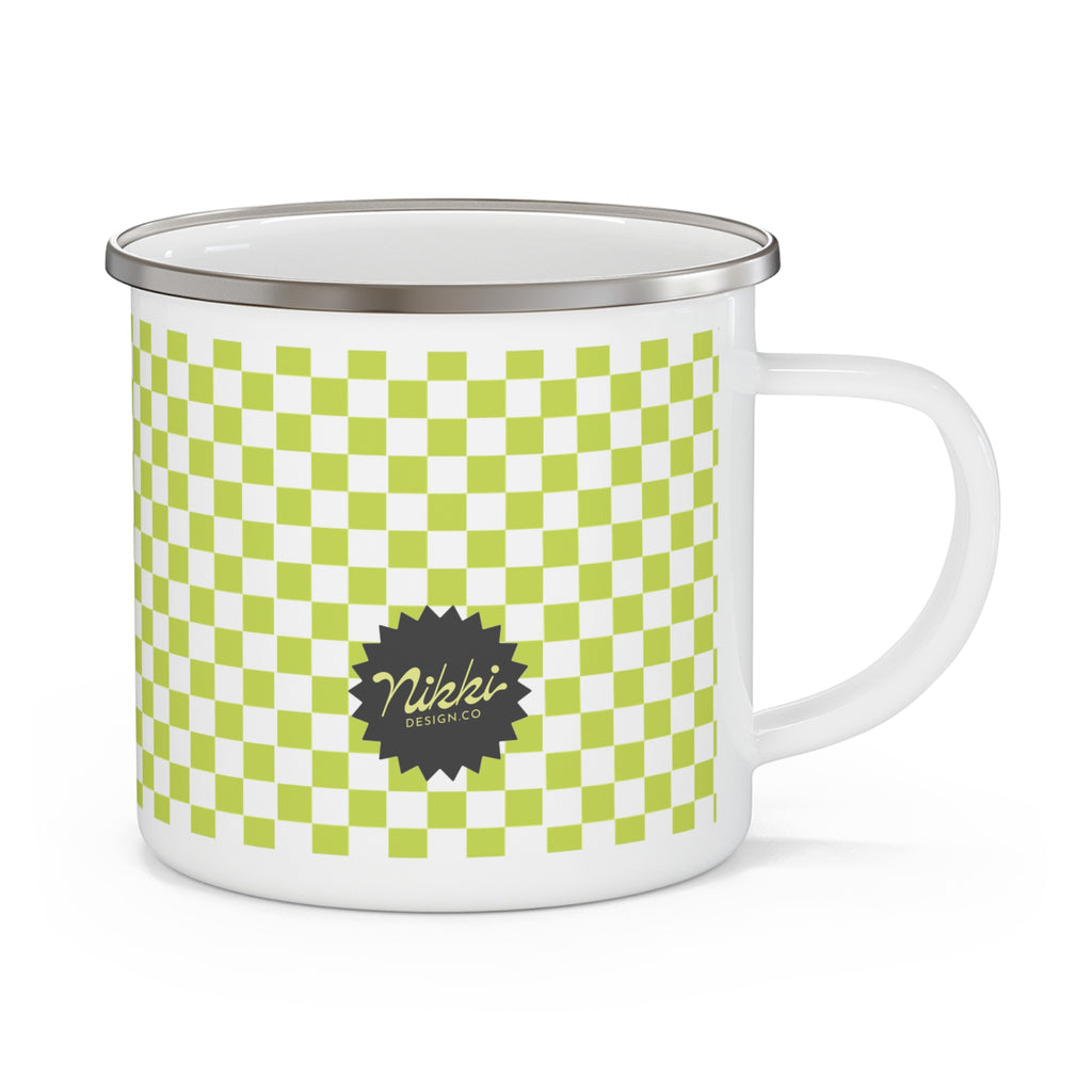 The Always Tired Club - Green Checkerboard Enamel Camping Mug — Retro Picnic Coffee Cup