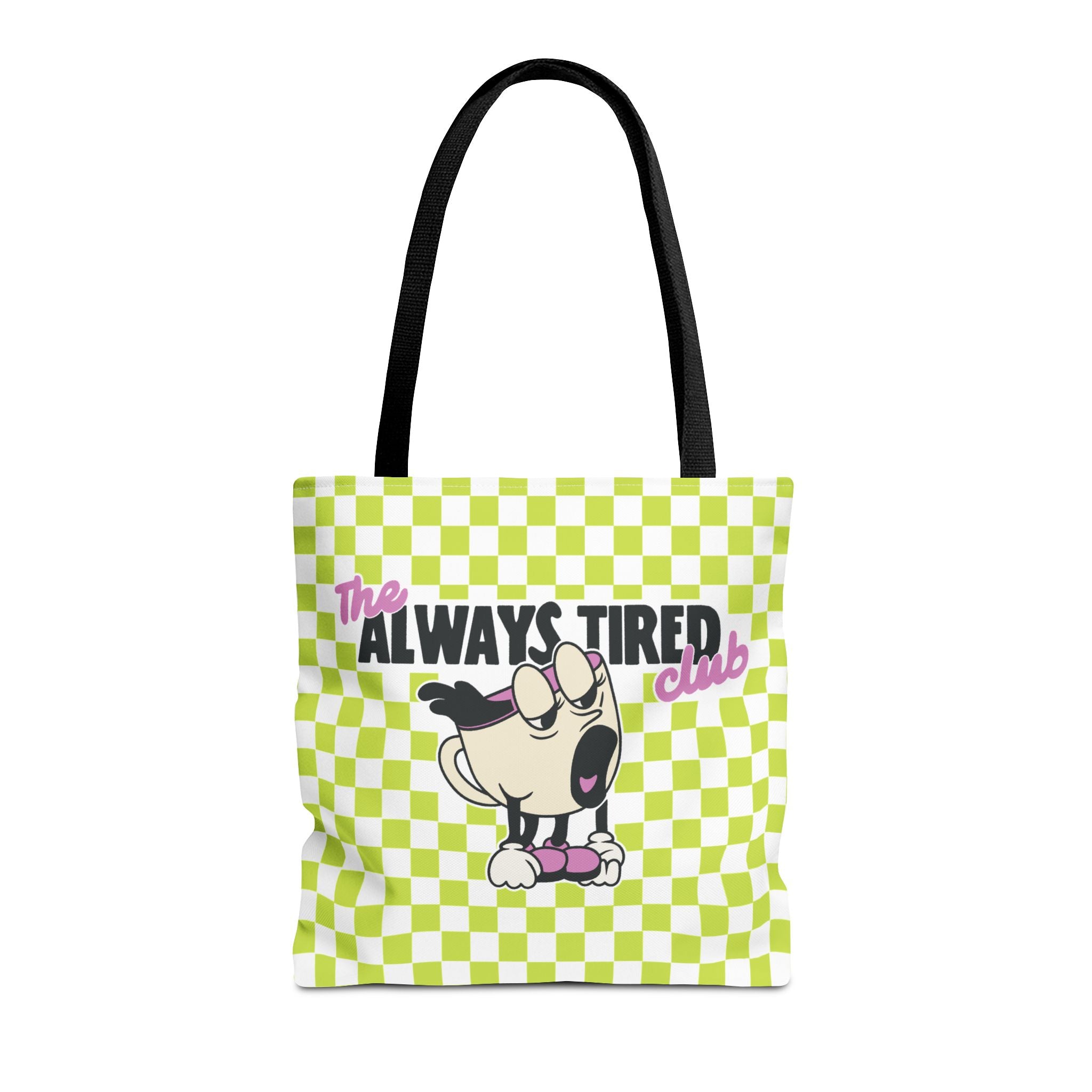 The Always Tired Club Tote Bag — Cute Retro Checkered AOP Canvas Tote