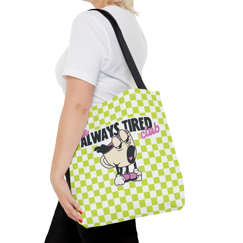 The Always Tired Club Tote Bag — Cute Retro Checkered AOP Canvas Tote