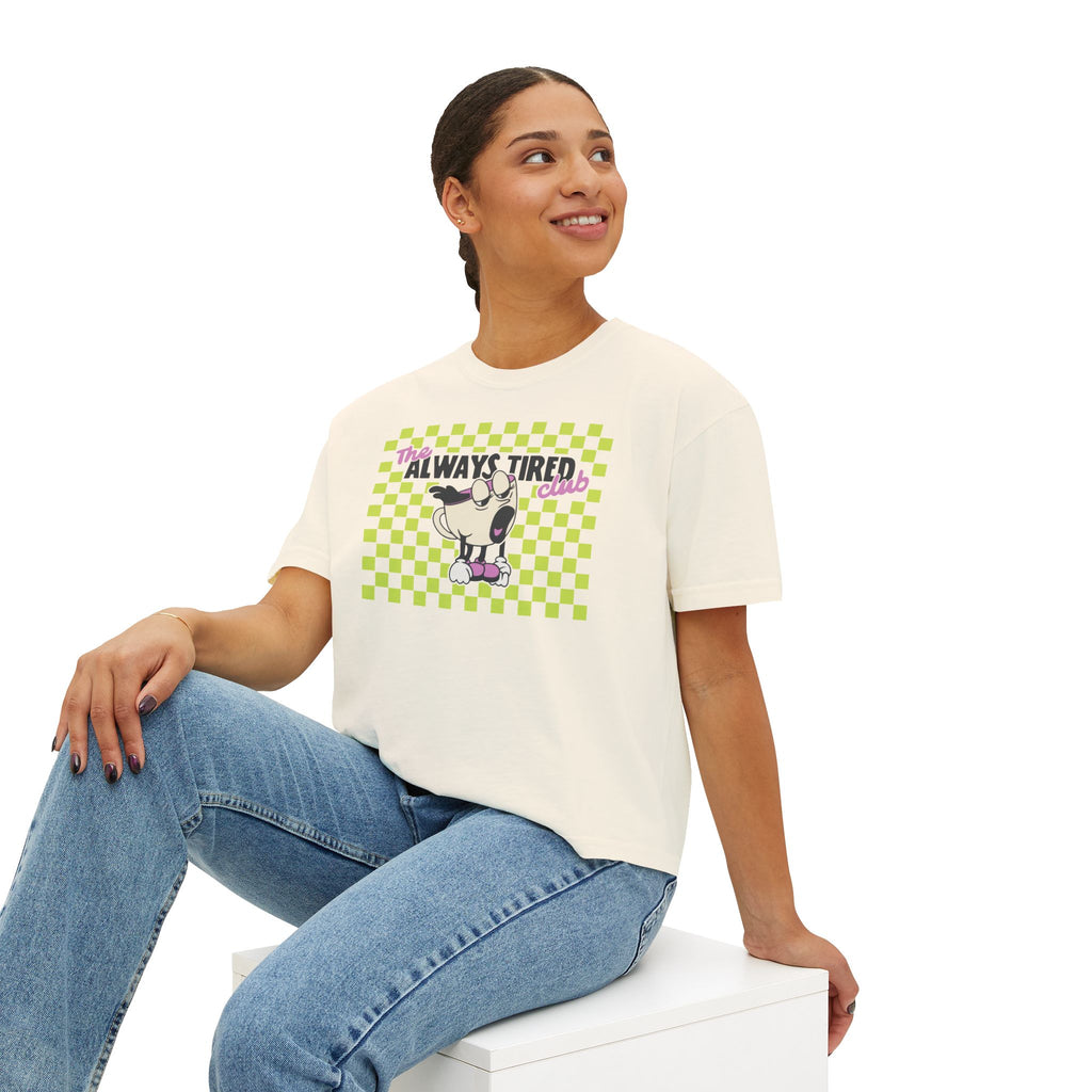 Always Tired Club Women's Boxy Tee — Cute Pug Graphic Sleepy Coffee Cup Vibe Shirt