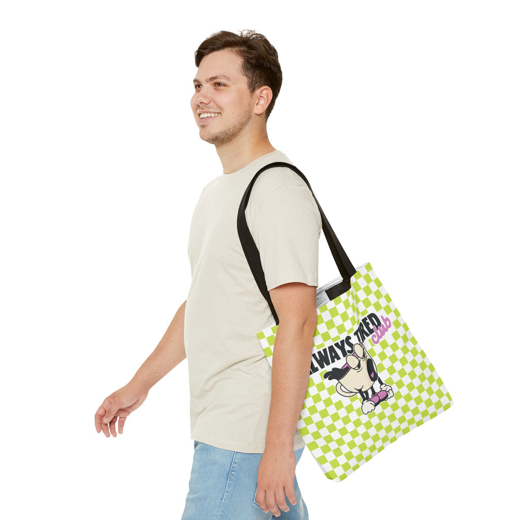 The Always Tired Club Tote Bag — Cute Retro Checkered AOP Canvas Tote