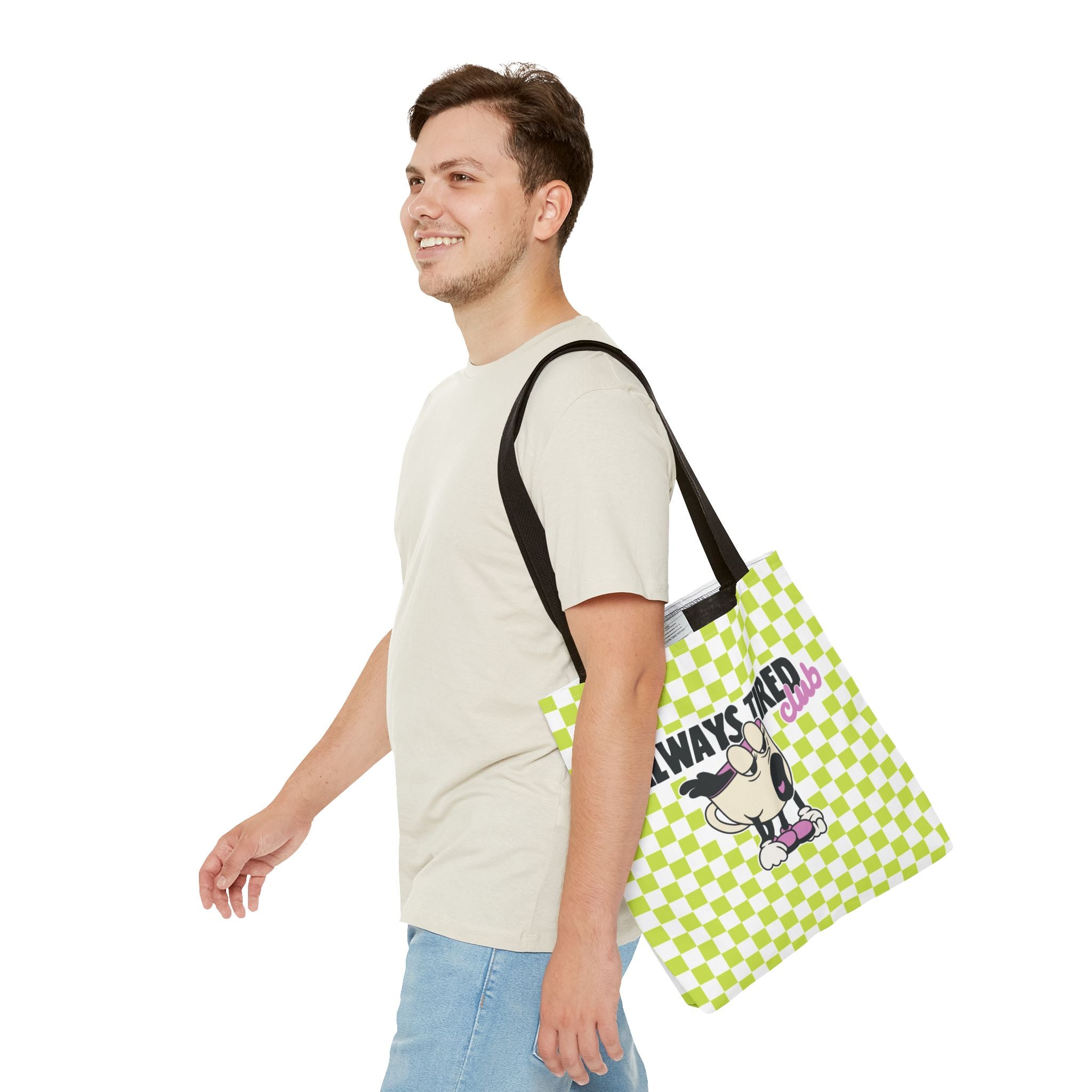 The Always Tired Club Tote Bag — Cute Retro Checkered AOP Canvas Tote