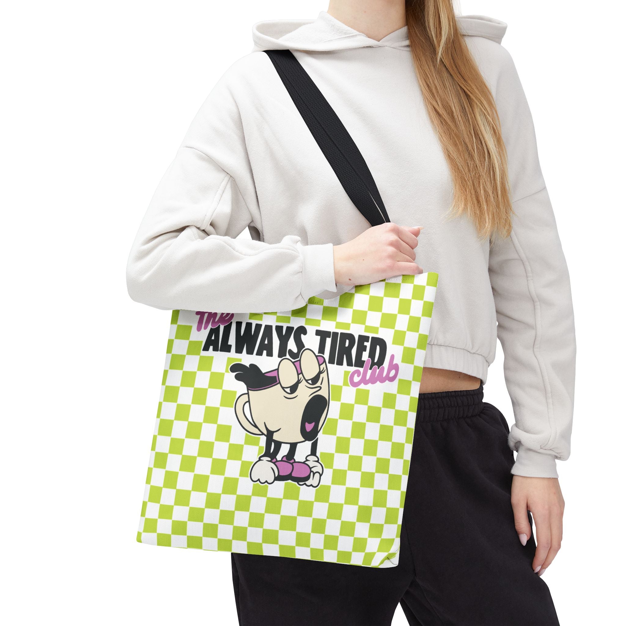 The Always Tired Club Tote Bag — Cute Retro Checkered AOP Canvas Tote