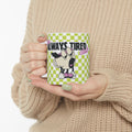 The Always Tired Club Mug — Cute Yawning Coffee Cup Character on Green Checkerboard Ceramic Coffee Cup (11oz, 15oz)