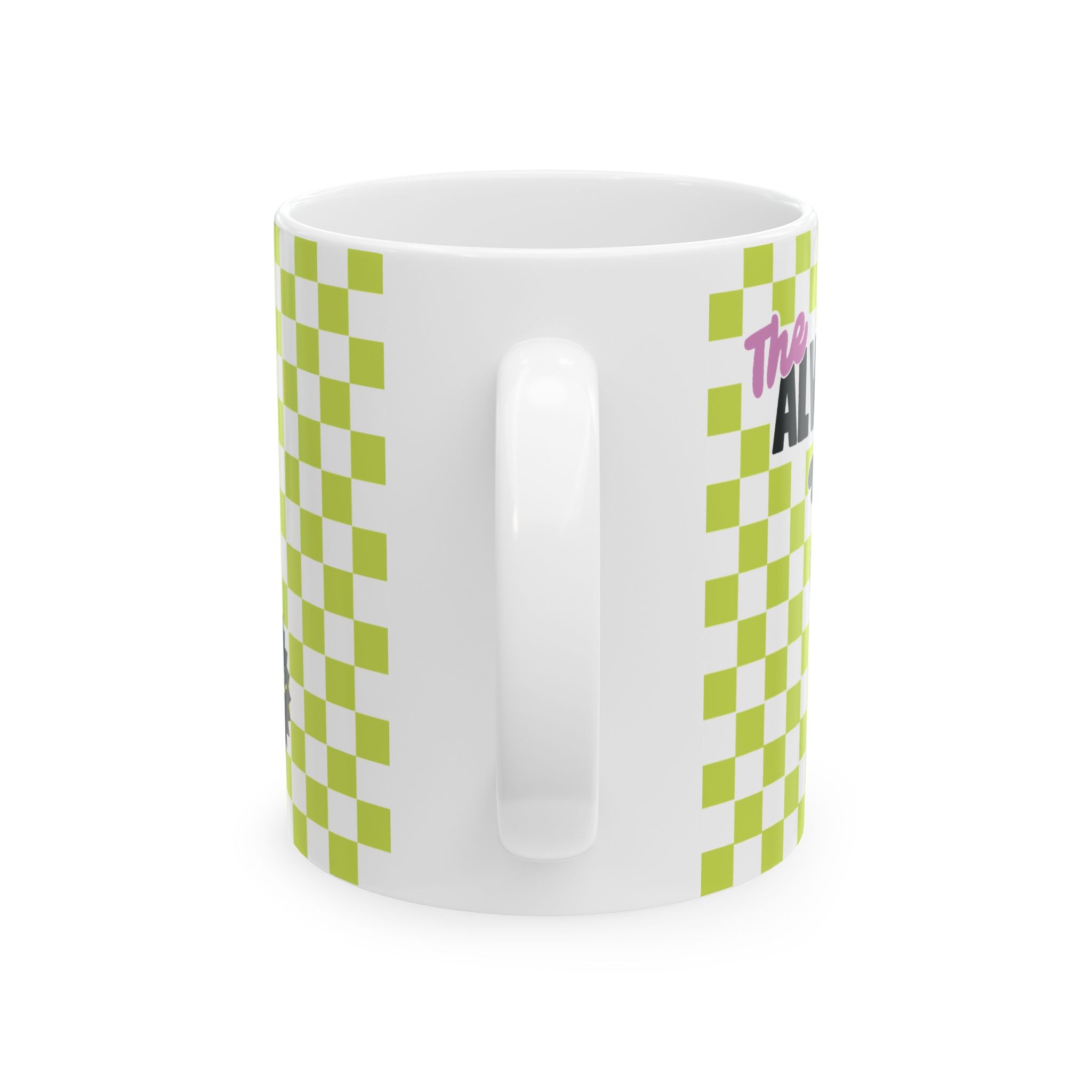 The Always Tired Club Mug — Cute Yawning Coffee Cup Character on Green Checkerboard Ceramic Coffee Cup (11oz, 15oz)