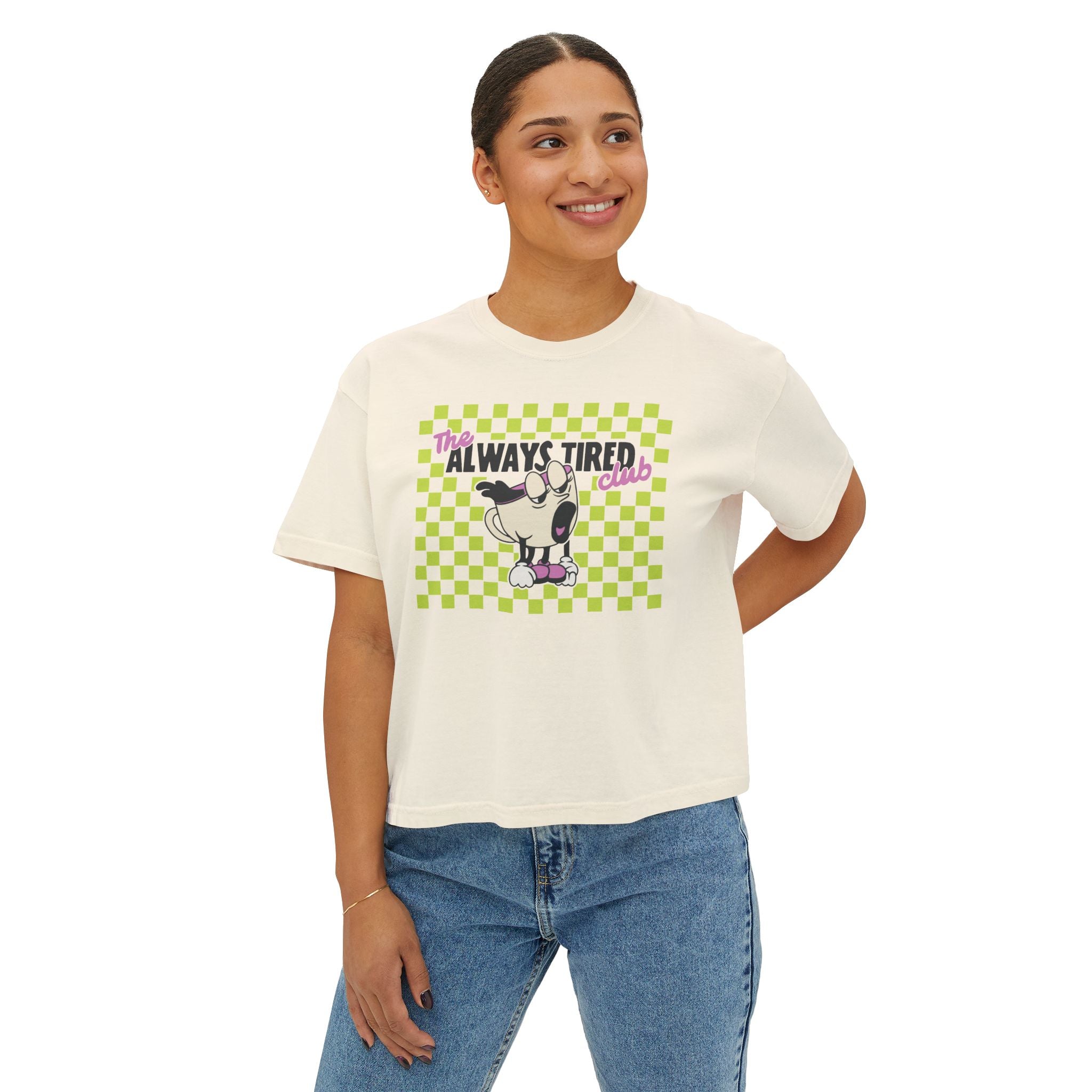 Always Tired Club Women's Boxy Tee — Cute Pug Graphic Sleepy Coffee Cup Vibe Shirt