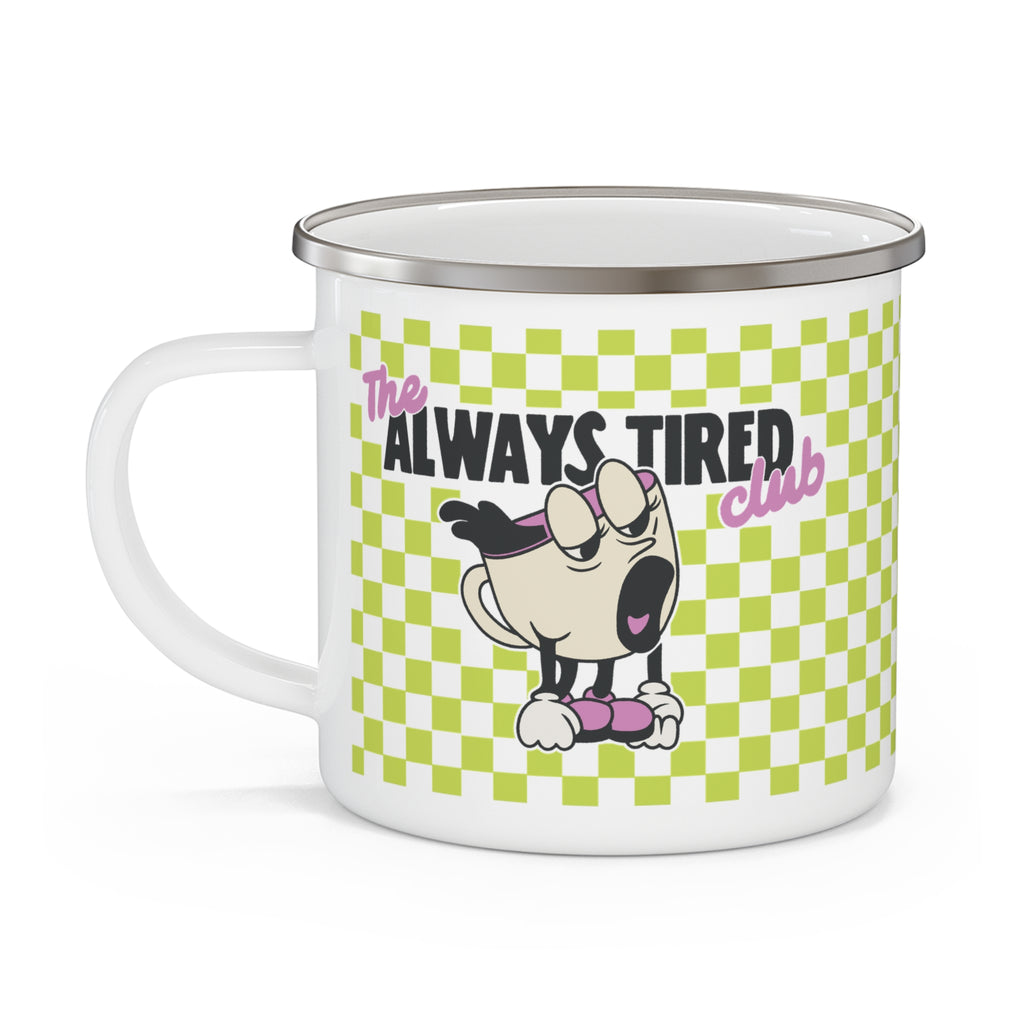 The Always Tired Club - Green Checkerboard Enamel Camping Mug — Retro Picnic Coffee Cup