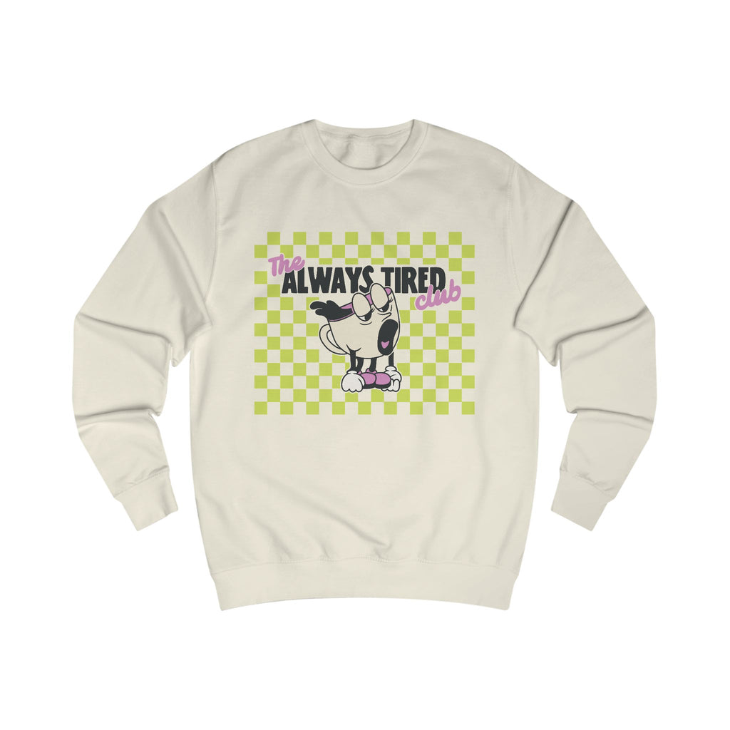 Always Tired Club Sweatshirt – Cute Retro Coffee Mug Graphic Cozy Crewneck - Vanilla