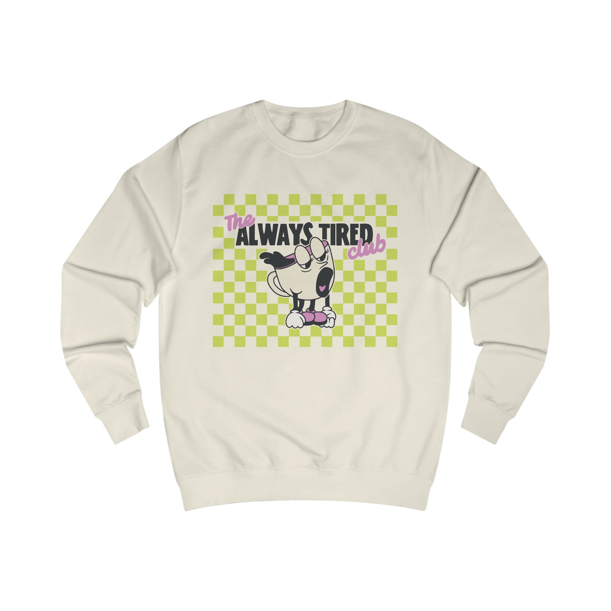 Always Tired Club Sweatshirt – Cute Retro Coffee Mug Graphic Cozy Crewneck - Vanilla