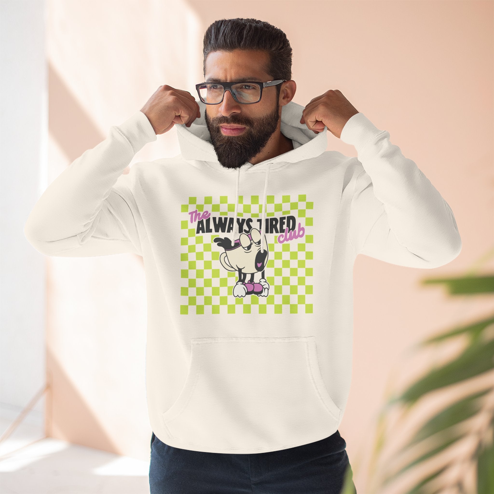 The Always Tired Club Hoodie — Vintage Coffee Character Graphic Pullover Hoodie - Sandshell