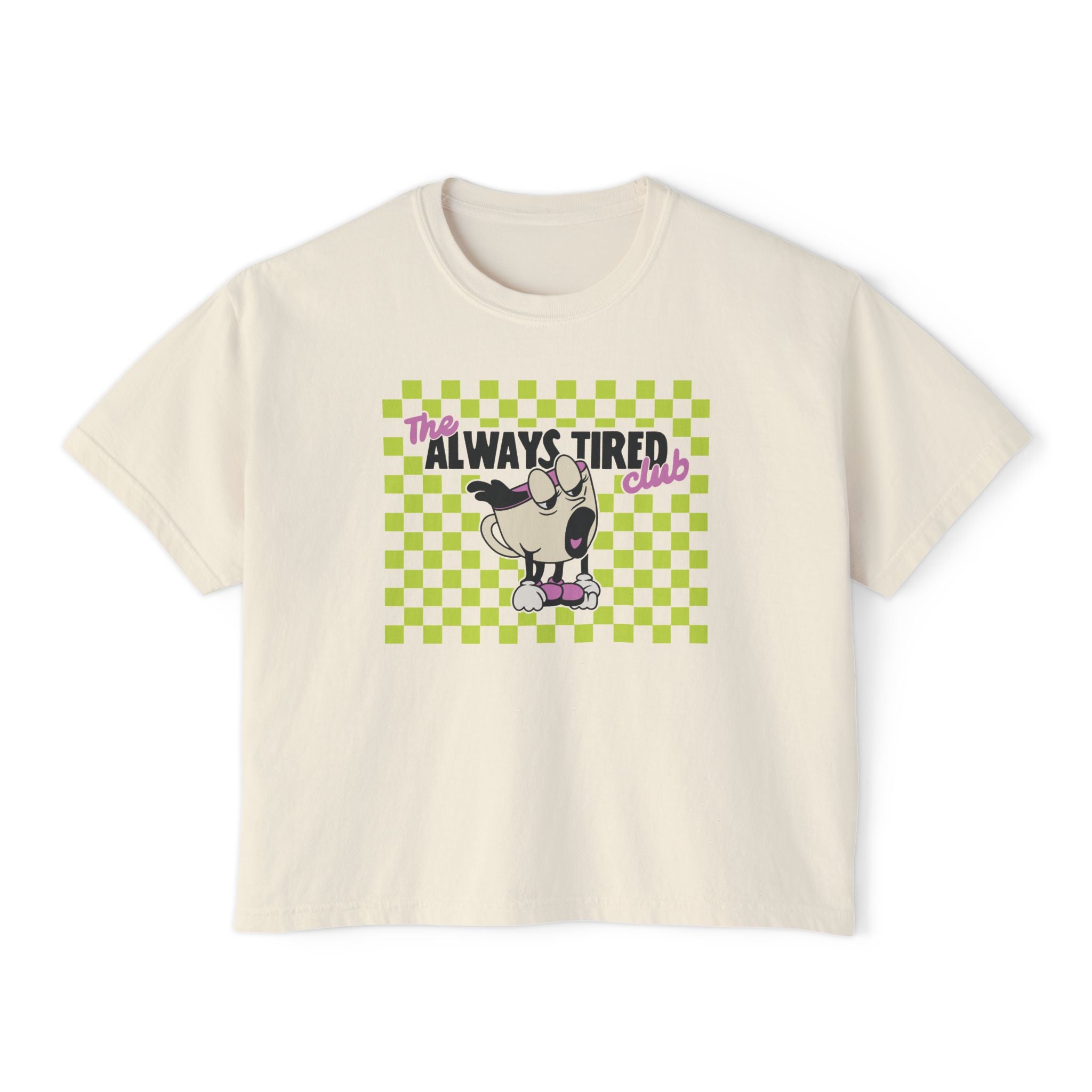 Always Tired Club Women's Boxy Tee — Cute Pug Graphic Sleepy Coffee Cup Vibe Shirt