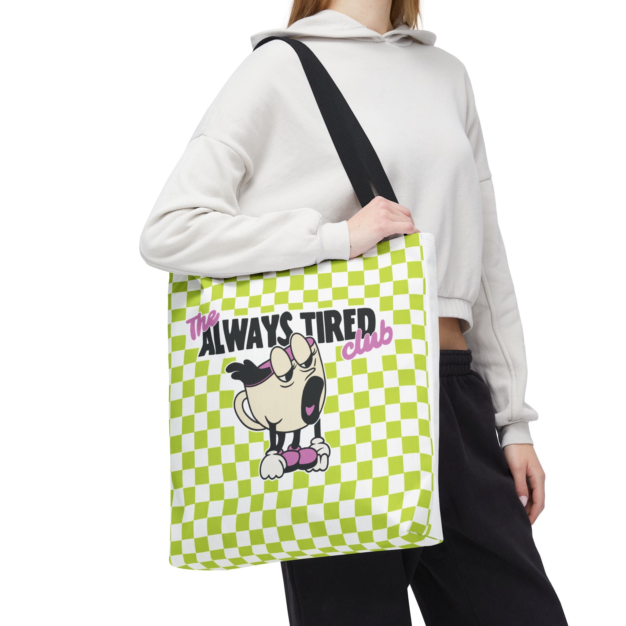 The Always Tired Club Tote Bag — Cute Retro Checkered AOP Canvas Tote