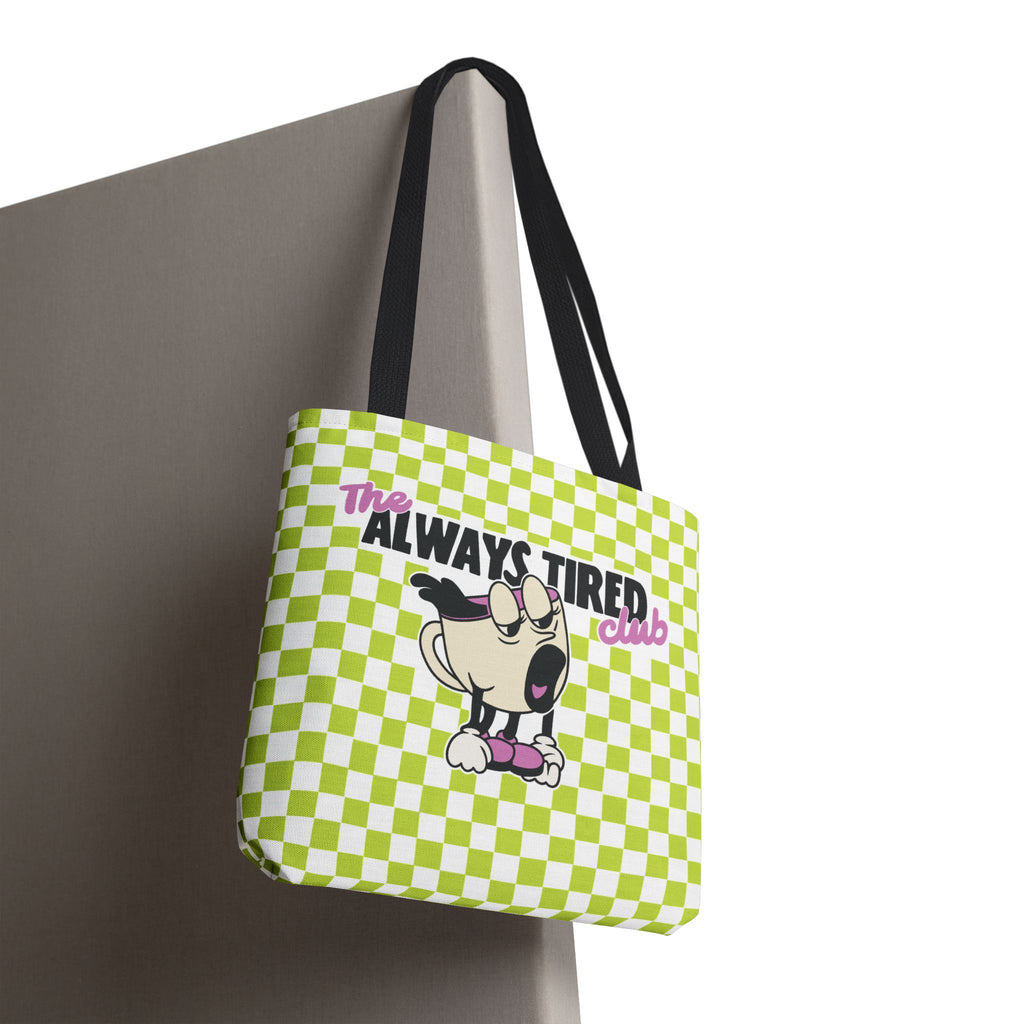 The Always Tired Club Tote Bag — Cute Retro Checkered AOP Canvas Tote