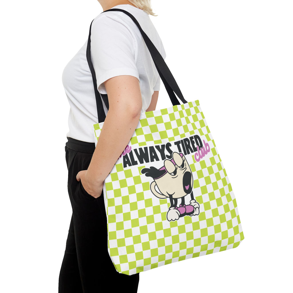 The Always Tired Club Tote Bag — Cute Retro Checkered AOP Canvas Tote