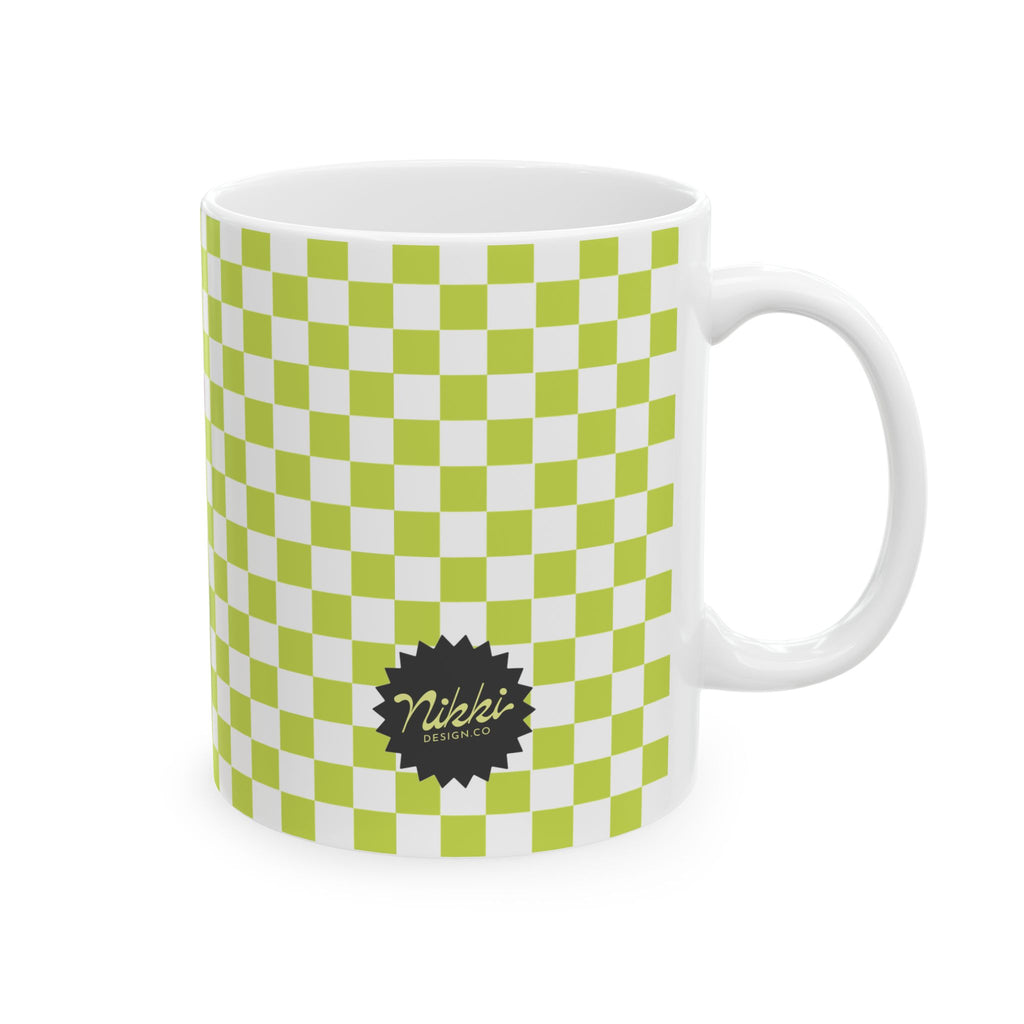 The Always Tired Club Mug — Cute Yawning Coffee Cup Character on Green Checkerboard Ceramic Coffee Cup (11oz, 15oz)