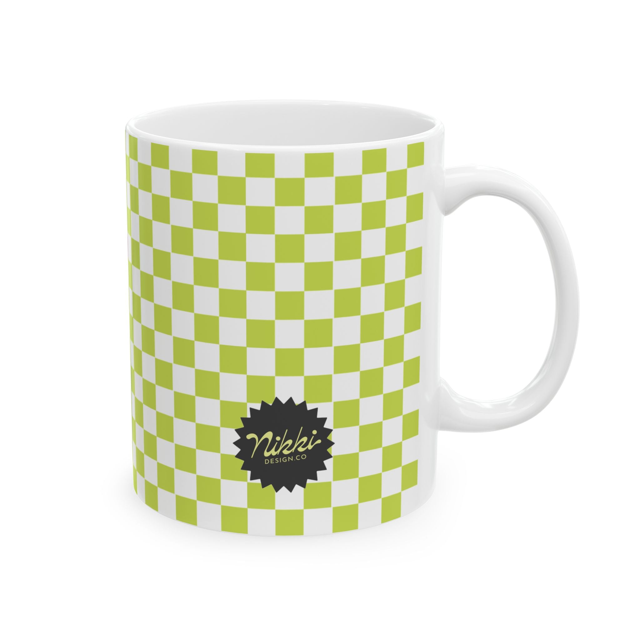 The Always Tired Club Mug — Cute Yawning Coffee Cup Character on Green Checkerboard Ceramic Coffee Cup (11oz, 15oz)