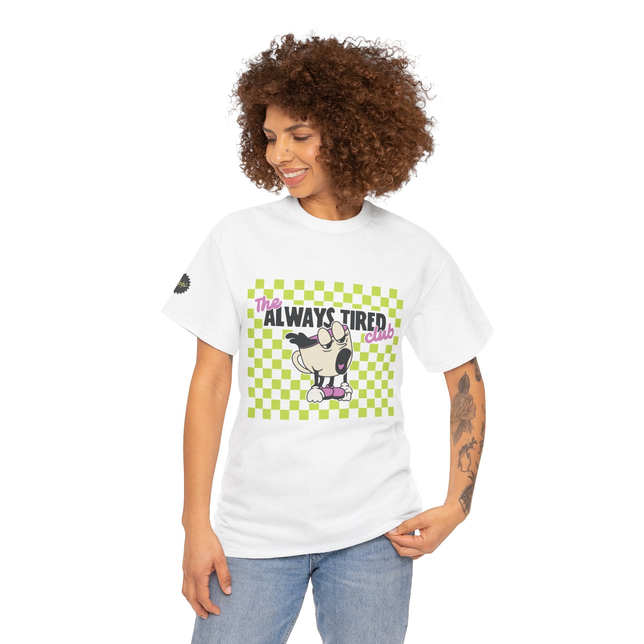 The Always Tired Club Tee — Cute Sleepy Coffee Mug Graphic T-Shirt