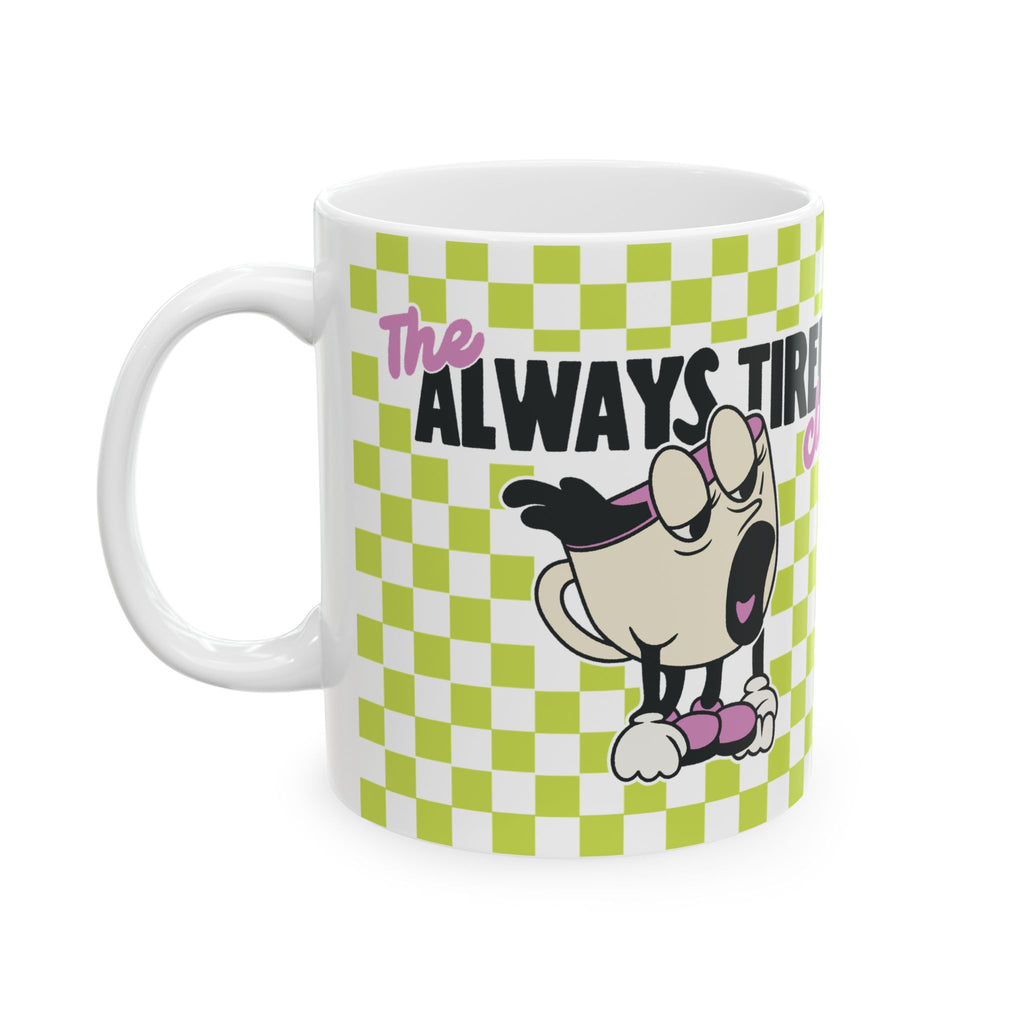 The Always Tired Club Mug — Cute Yawning Coffee Cup Character on Green Checkerboard Ceramic Coffee Cup (11oz, 15oz)