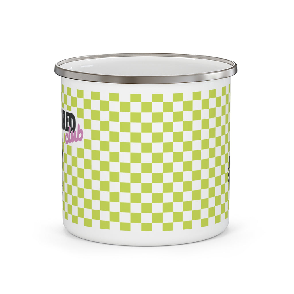The Always Tired Club - Green Checkerboard Enamel Camping Mug — Retro Picnic Coffee Cup