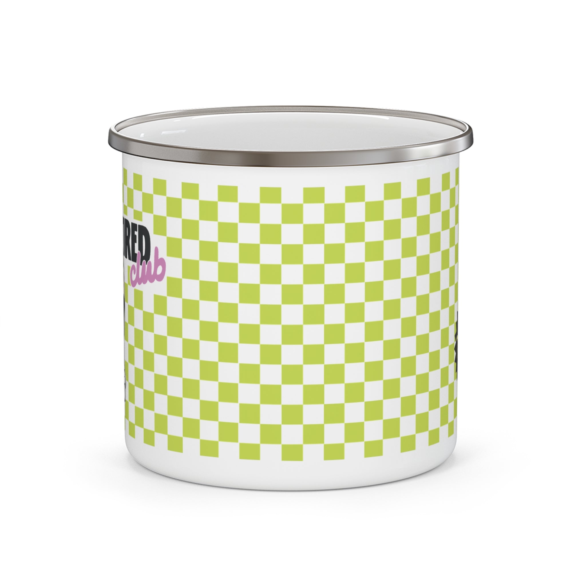 The Always Tired Club - Green Checkerboard Enamel Camping Mug — Retro Picnic Coffee Cup