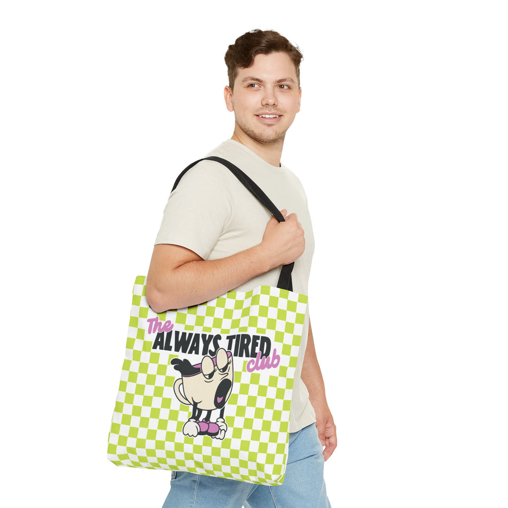 The Always Tired Club Tote Bag — Cute Retro Checkered AOP Canvas Tote