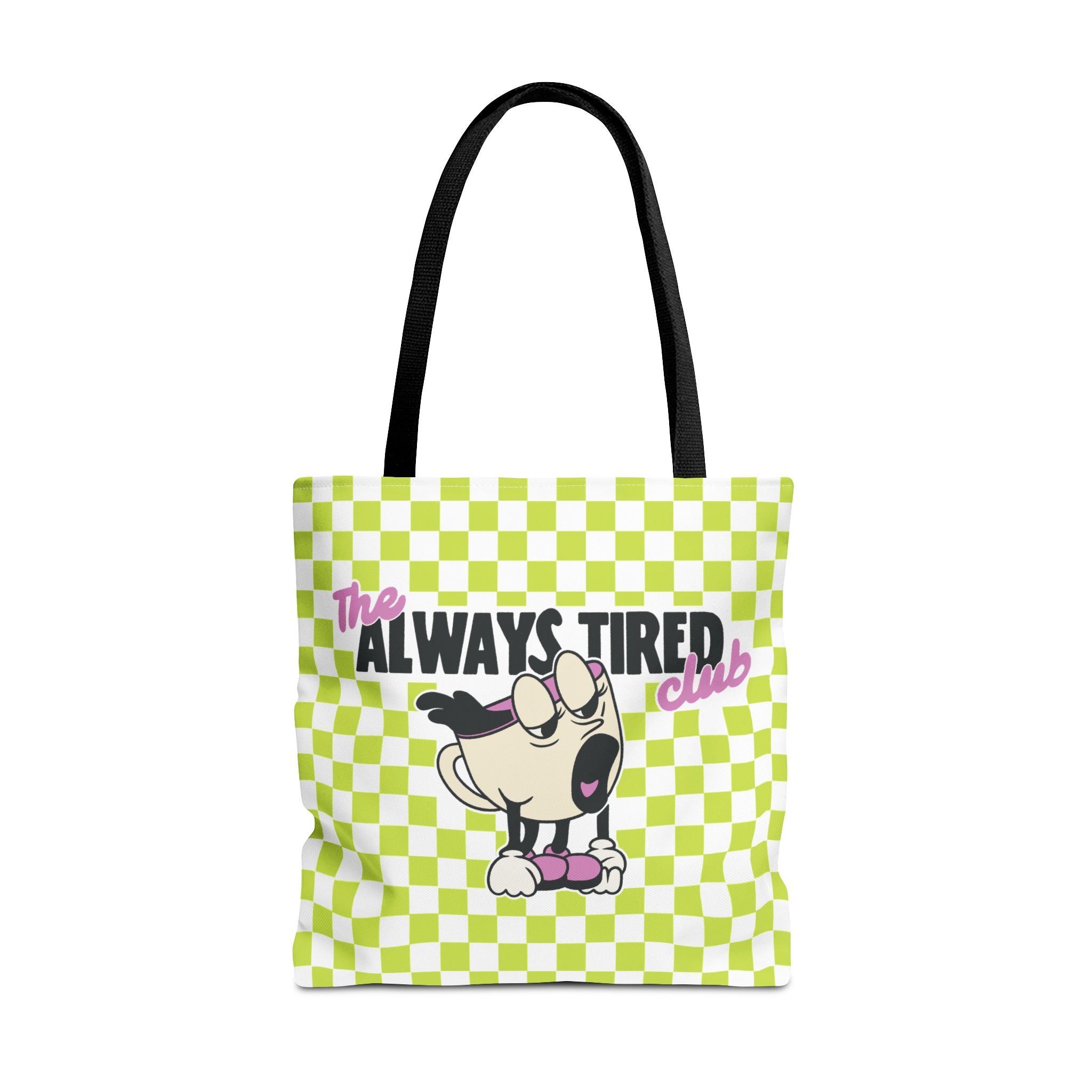 The Always Tired Club Tote Bag — Cute Retro Checkered AOP Canvas Tote