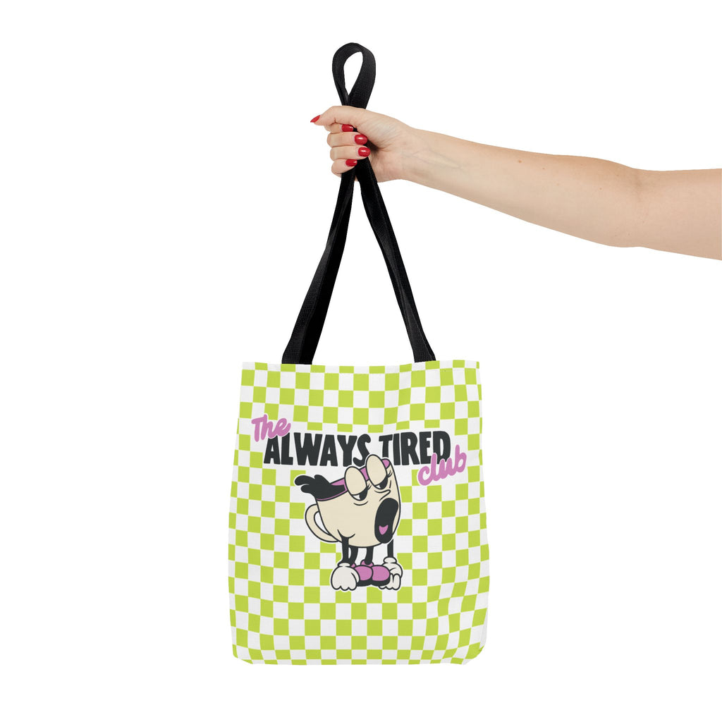 The Always Tired Club Tote Bag — Cute Retro Checkered AOP Canvas Tote