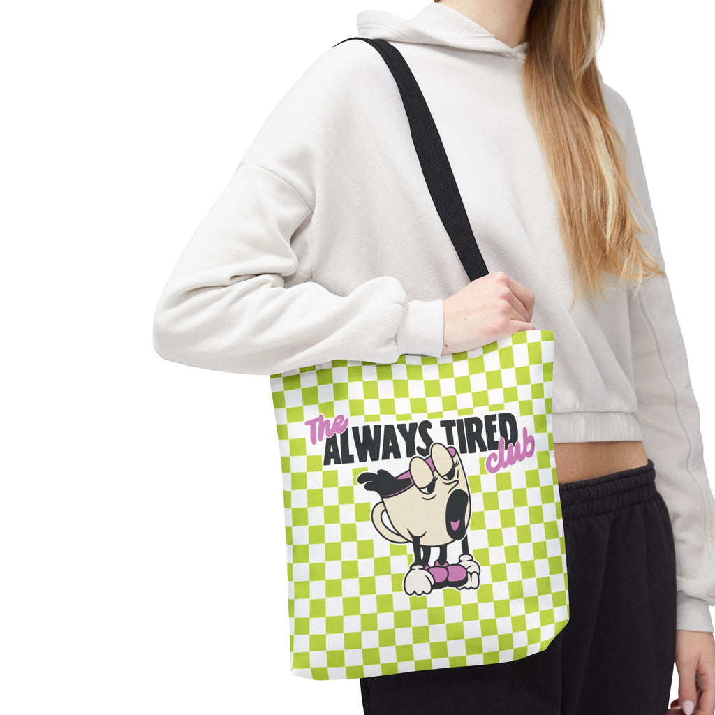 The Always Tired Club Tote Bag — Cute Retro Checkered AOP Canvas Tote