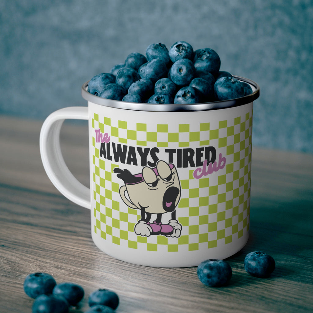 The Always Tired Club - Green Checkerboard Enamel Camping Mug — Retro Picnic Coffee Cup