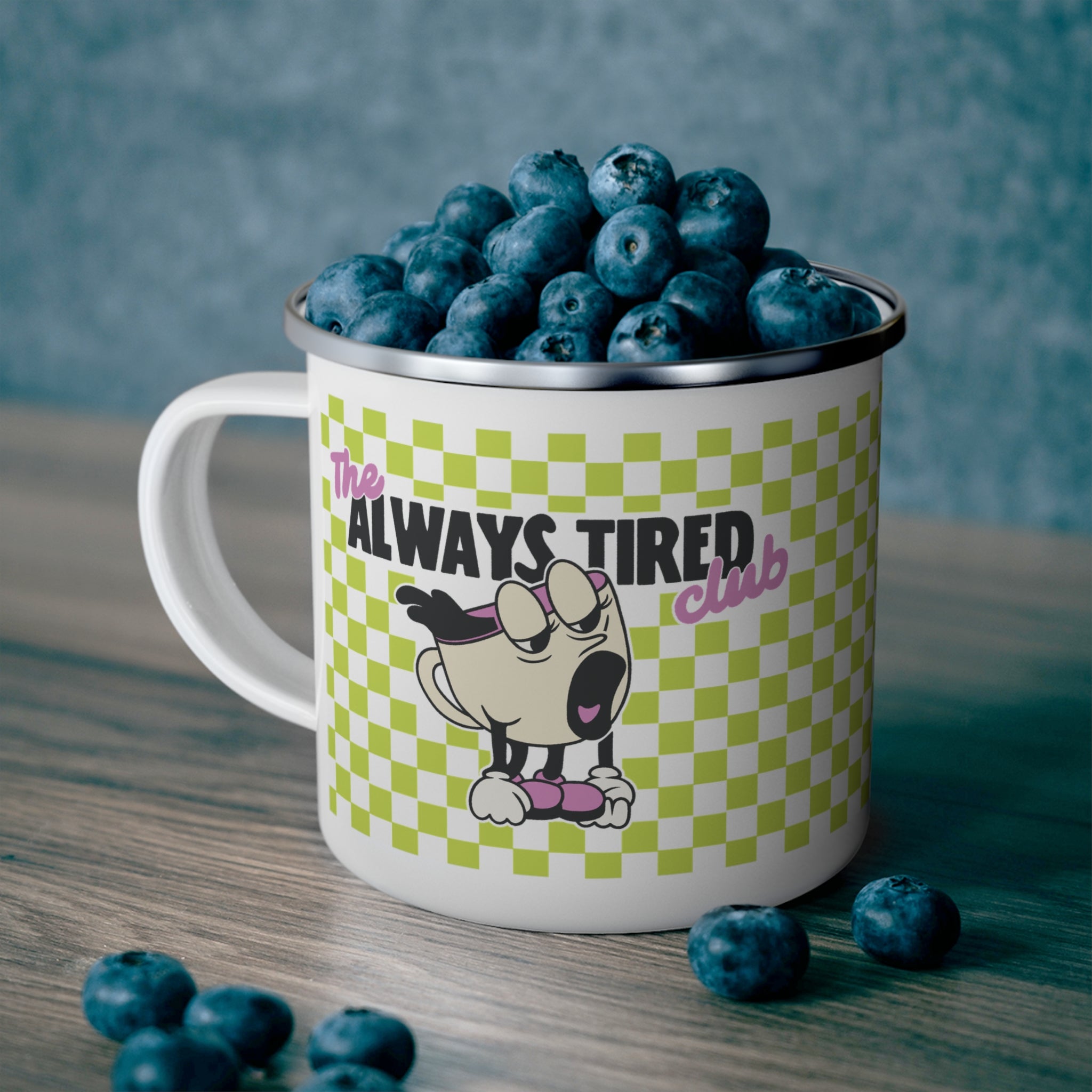 The Always Tired Club - Green Checkerboard Enamel Camping Mug — Retro Picnic Coffee Cup