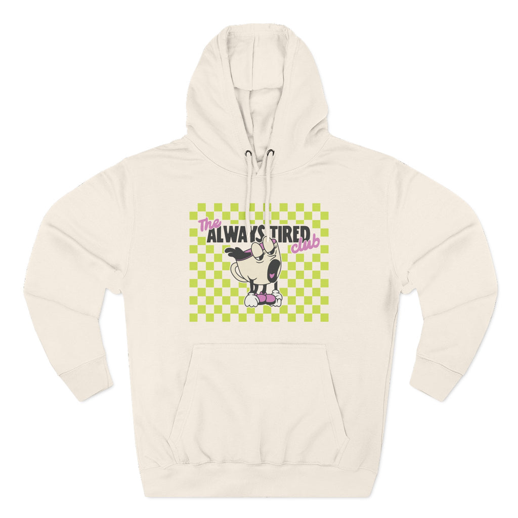 The Always Tired Club Hoodie — Vintage Coffee Character Graphic Pullover Hoodie - Sandshell