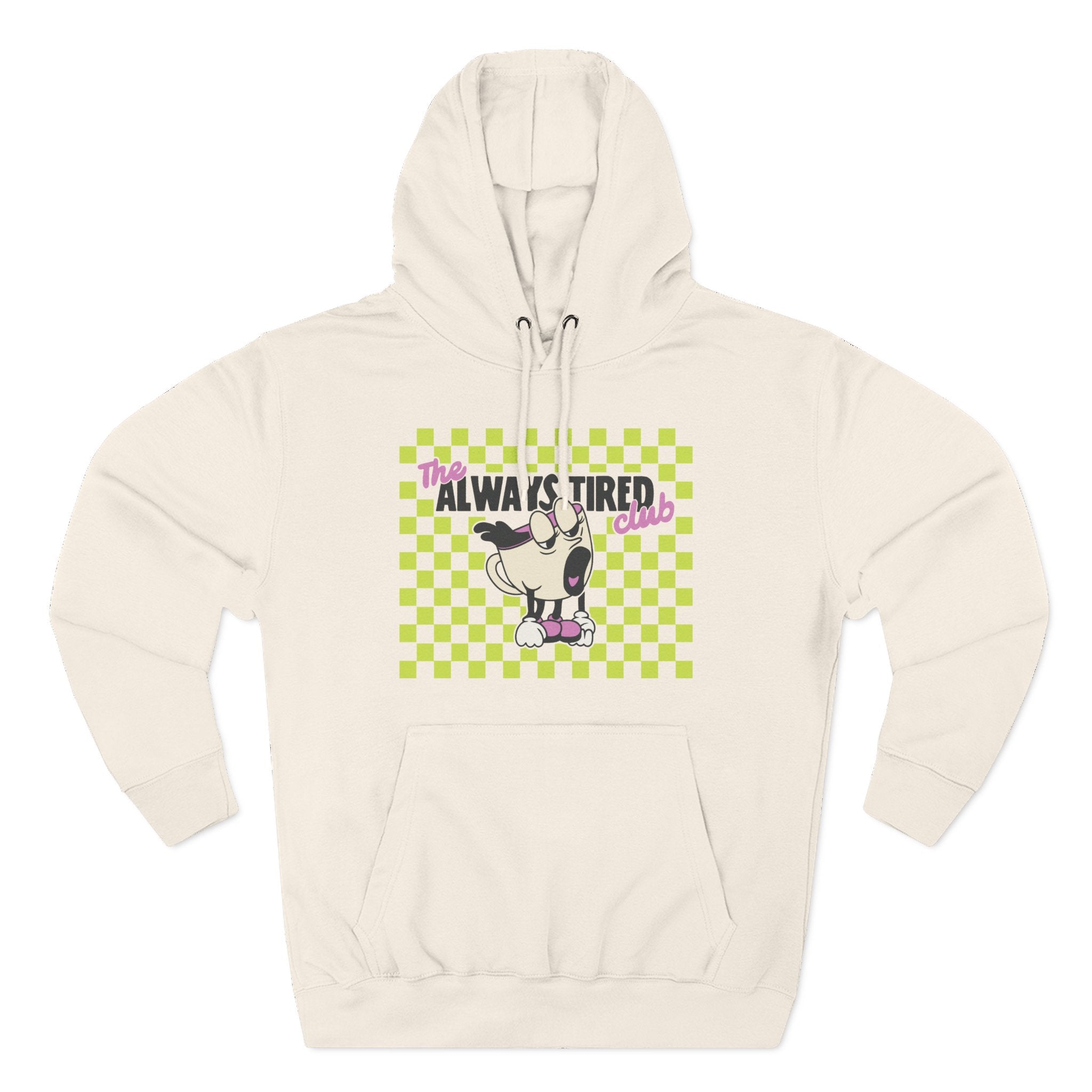 The Always Tired Club Hoodie — Vintage Coffee Character Graphic Pullover Hoodie - Sandshell