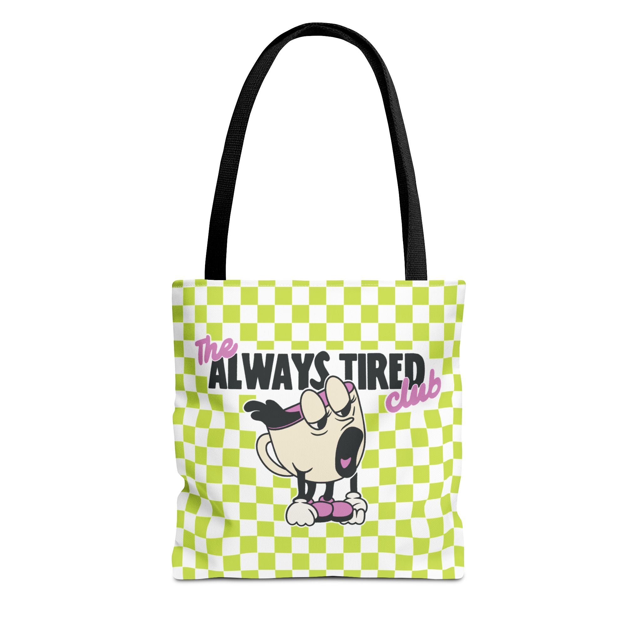 The Always Tired Club Tote Bag — Cute Retro Checkered AOP Canvas Tote
