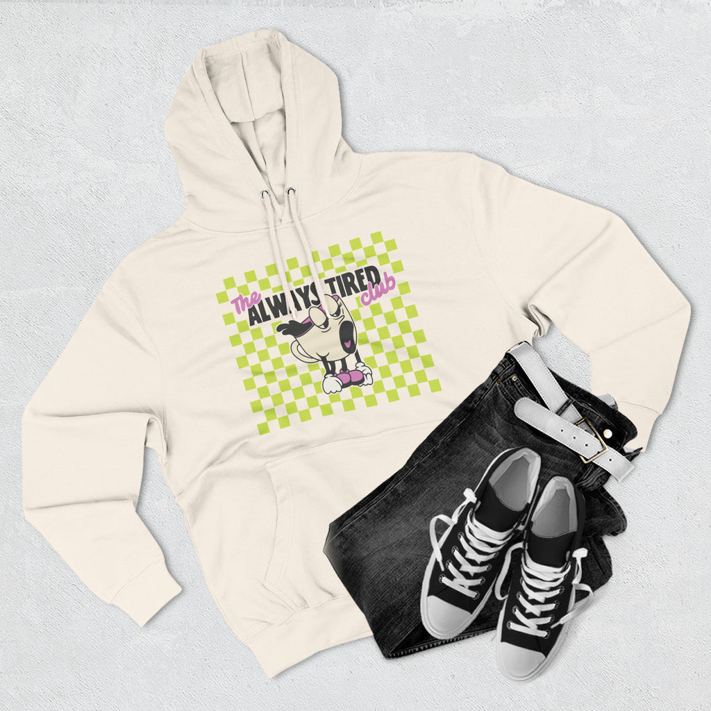 The Always Tired Club Hoodie — Vintage Coffee Character Graphic Pullover Hoodie - Sandshell